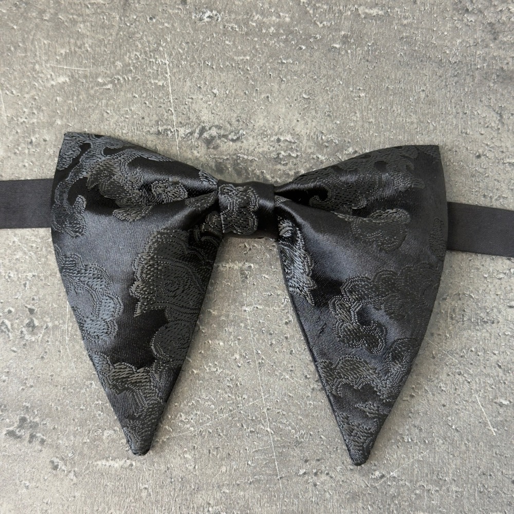 Handmade Black Brocade Bow tie Vintage style 70`s Bowtie Pre-tied Adjustable